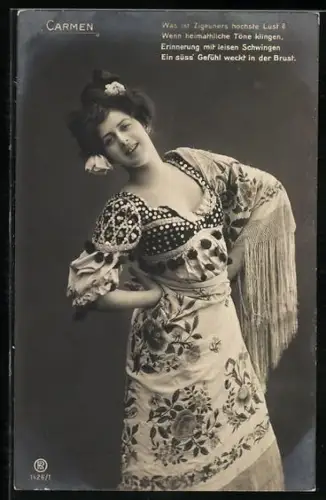 Foto-AK RPH Nr. 1426/1: Dame in Tracht mit Blumen im Haar