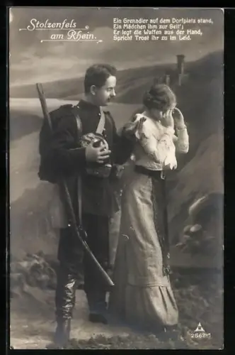 Foto-AK Photochemie Berlin Nr. 2562-1: Stolzenfels am Rhein, Grenadier tröstet eine weinende Frau