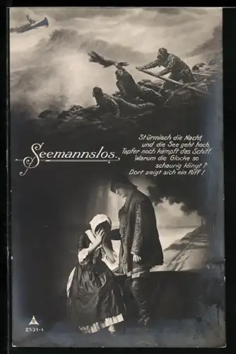 AK Seenotrettung, schiffbrüchige Matrosen auf hoher See, Seemannsfrau in Tränen