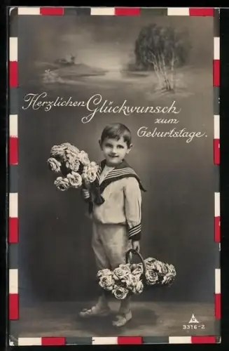 Foto-AK Photochemie Berlin Nr. 3316-2: Junge im Matrosenanzug trägt Blumen und sendet Geburtstagswünsche