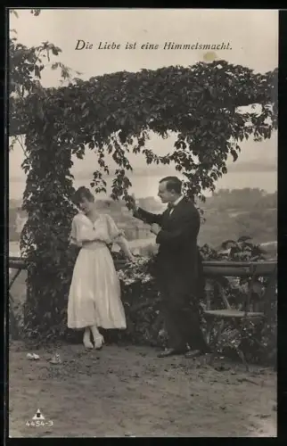 Foto-AK Photochemie Berlin Nr. 4454-3: Frau und Mann von Ranken umrahmt, Die Liebe ist eine Himmelsmacht