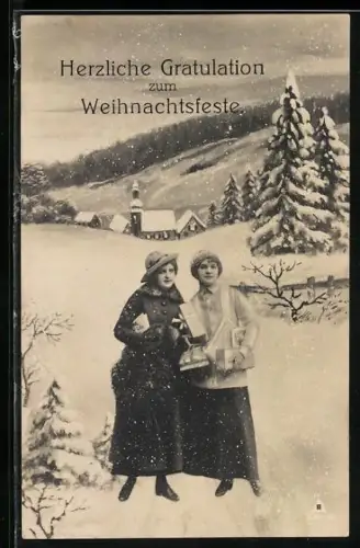 Foto-AK Photochemie Berlin Nr. 934-3: Zwei Frauen stehen mit Weihnachtsgeschenken im Schnee