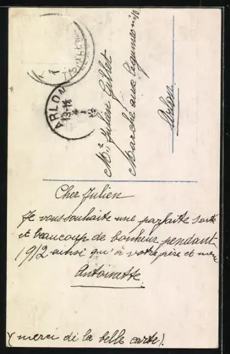 Foto-AK Photochemie Berlin Nr. 7264-3: Mädchen mit Säcken voller Geld wünscht ein frohes neues Jahr