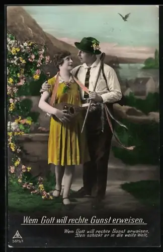 Foto-AK Photochemie Berlin Nr. 5815-1: Frau im gelben Kleid spielt Laute während ein Mann den Arm um sie legt