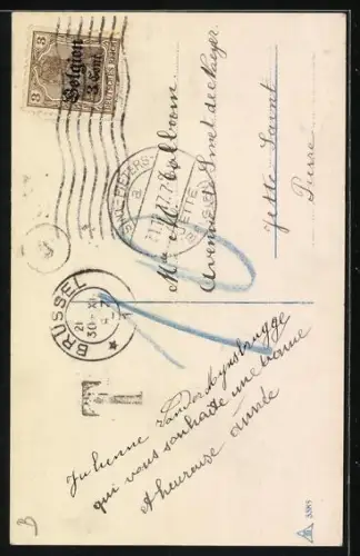 Foto-AK Photochemie Berlin Nr. 5585: Frau steht bei einer Uhr, die Mitternacht schlägt, Bonne Année