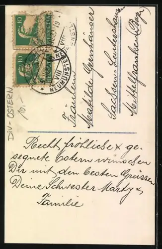 Foto-AK Photochemie Berlin Nr. 5679-6: Kind mit einem Korb voller übergrosser Ostereier wünscht Fröhliche Ostern