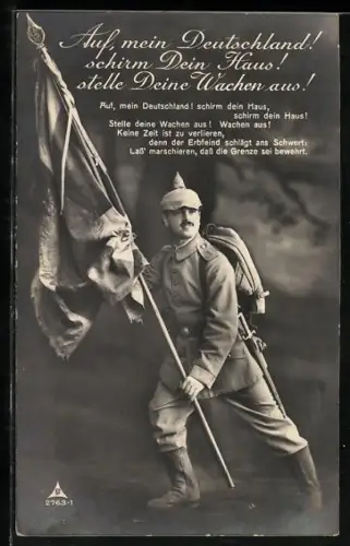 Foto-AK Photochemie Berlin Nr. 2763-1: Soldat will mit wehender Flagge gegen den Erbfeind ziehen