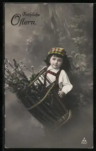 Foto-AK Photochemie Berlin Nr. 7447: Kind mit Korb voller Weidenzeige wünscht fröhliche Ostern