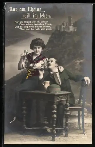 Foto-AK Photochemie Berlin Nr. 7970: Mann und Frau wollen am Rheine leben und trinken