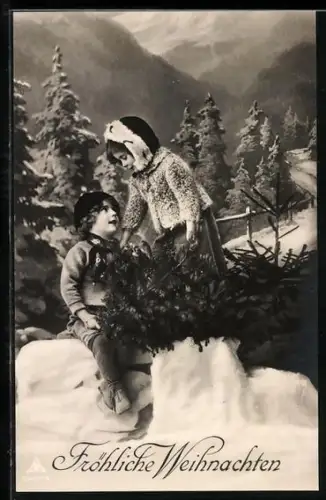 Foto-AK Photochemie Berlin Nr. 5447-5: Zwei Kinder spielen im Schnee und wünschen Fröhliche Weihnachten