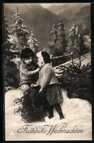 Foto-AK Photochemie Berlin Nr. 5447-2: Zwei Kinder spielen im Schnee und wünschen Fröhliche Weihnachten