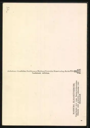 Foto-AK Deutscher Kunstverlag, Nr. 1: Marburg, Elisabethkirche, Mittelschiff, Innenansicht