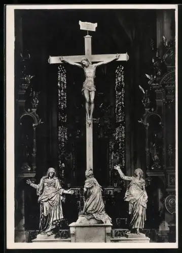 Foto-AK Deutscher Kunstverlag, Nr. 13: Augsburg, Kirche St. Ulrich und Afra, Bronzene Kreuzigungsgruppe vor dem Chor
