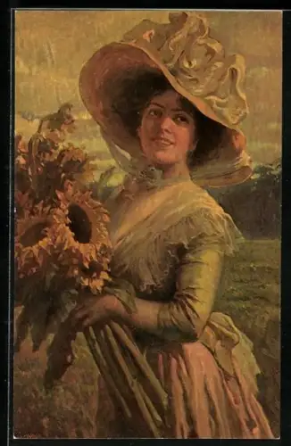 Ölgemälde-Imitations-AK Degi Nr. 864: Elegante Dame mit Sonnenblumen