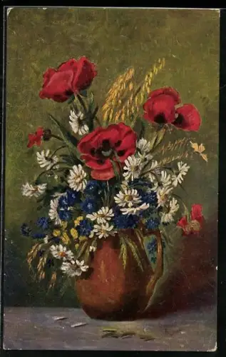 Ölgemälde-Imitations-AK Degi Nr. 1020: Ein Blumenstrauss mit Mohn und Kornblumen