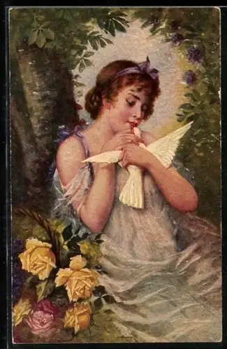 Ölgemälde-Imitations-AK Degi Nr. 1102: Junge Frau hält zärtlich eine weisse Taube in den Armen