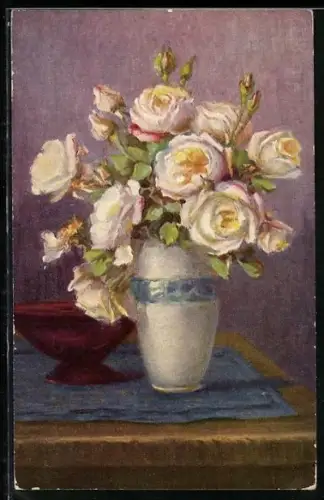 Ölgemälde-Imitations-AK Degi Nr. 1229: Vase mit weissen Rosen