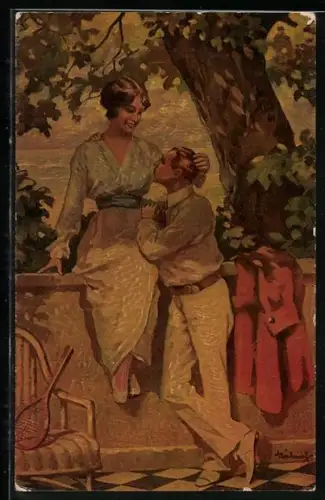 Künstler-AK Degi Nr. 1063: Die Frage, Liebespaar mit Tennisschläger