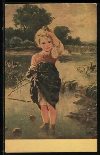 Ölgemälde-Imitations-AK Degi Nr. 874: Gänseliesel im seichten Wasser