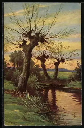 Ölgemälde-Imitations-AK Degi Nr. 1316: Weiden am Bach von W. Hoy