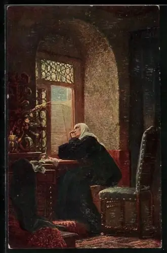 Ölgemälde-Imitations-AK Degi Nr. 1090: Dame sitzt nachdenklich am Fenster