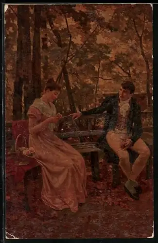 Ölgemälde-Imitations-AK Degi Nr. 711: Junges Paar sitzt auf einer Bank unter Herbstlaub