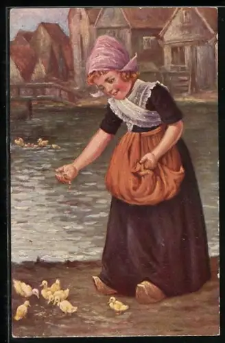 Künstler-AK Degi Nr. 1168, E. Lonyat, Entenküken werden gefüttert