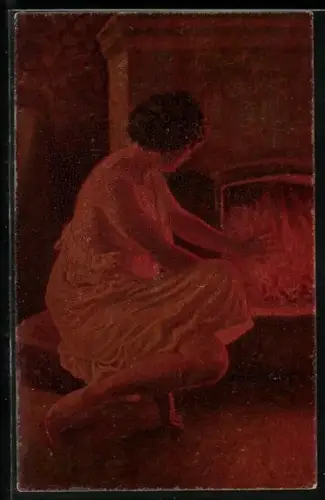 Ölgemälde-Imitations-AK Degi Nr. 545: Dame wärmt sich die Hand am Feuer
