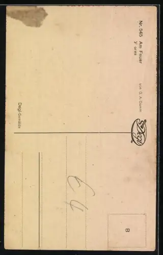 Ölgemälde-Imitations-AK Degi Nr. 545: Dame wärmt sich die Hand am Feuer