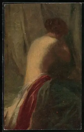 Ölgemälde-Imitations-AK Degi Nr. 548: Dame mit Tuch im Schoss lehnt an einer Wand