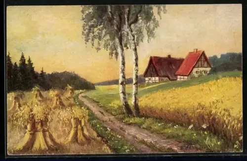 Ölgemälde-Imitations-AK Degi Nr. 1456: Weizenfelder mit Birken im Sommer