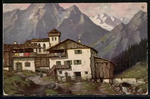 Ölgemälde-Imitations-AK Degi Nr. 1398: Bergdorf vor Bergkulisse, W. Hoy