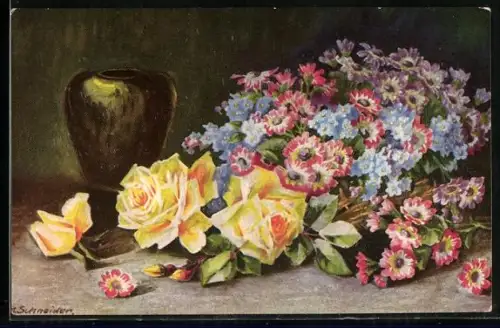 Ölgemälde-Imitations-AK Degi Nr. 1143: Bunte Blumen neben einer Vase