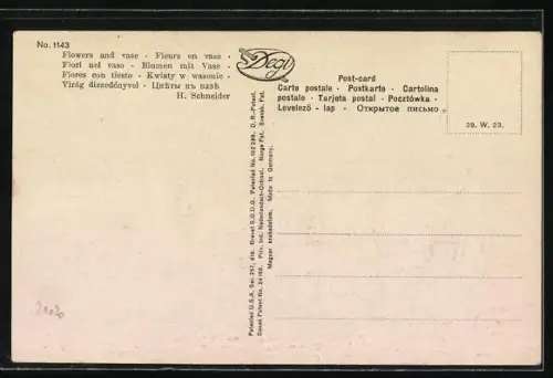 Ölgemälde-Imitations-AK Degi Nr. 1143: Bunte Blumen neben einer Vase