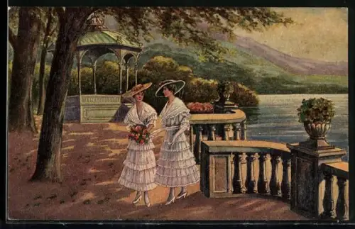 Ölgemälde-Imitations-AK Degi Nr. 1047: Zwei Damen am Pavillon