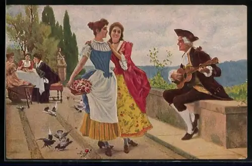 Künstler-AK F. Andreotti Degi Nr. 917, Musiker spielt für Mädchen ein Lied