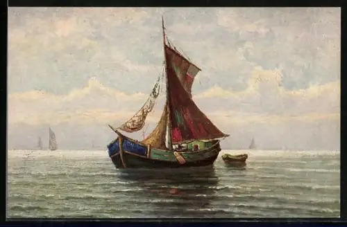 Künstler-AK Degi Nr. 1459: Abendstimmung an der Küste, Fischerboot