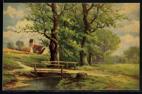 Künstler-AK Degi Nr. 1314: vor dem Dorfe, Brücke über einen Fluss