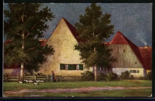 Künstler-AK Degi Nr. 1138: Bauernhaus Im Abendsonnenschein, Ölgemälde-Imitations-AK
