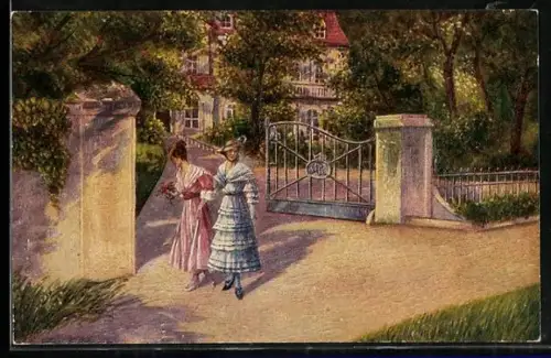Ölgemälde-Imitations-AK Degi Nr. 1046: Zwei Damen am Tor zum einem Park