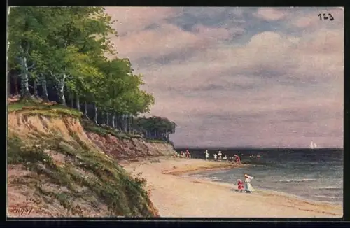 Künstler-AK Degi Nr. 1082: Strandszene mit Laubwäldchen am Meer