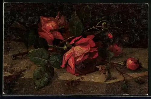 Ölgemälde-Imitations-AK Degi Nr. 328: Rote Rosen auf einem Stein