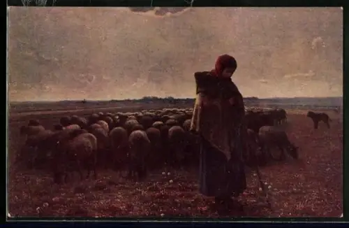 Ölgemälde-Imitations-AK Degi Nr. 828: Schäferin mit ihrer Herde