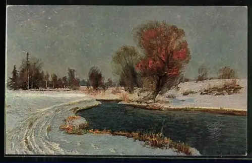 Ölgemälde-Imitations-AK Degi Nr. 352: Idyllische Flusspartie im Winter