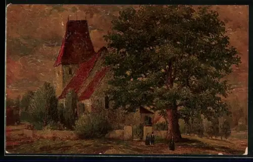 Ölgemälde-Imitations-AK Degi Nr. 1078: Personen vor der Dorfkirche