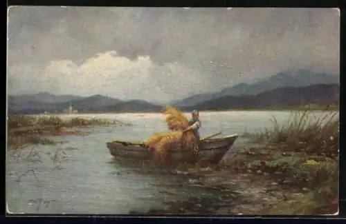 Künstler-Ölgemälde-Imitations-AK Degi Nr. 1246, W. Hoy, Sturmzeichen, Frau in einem Ruderboot