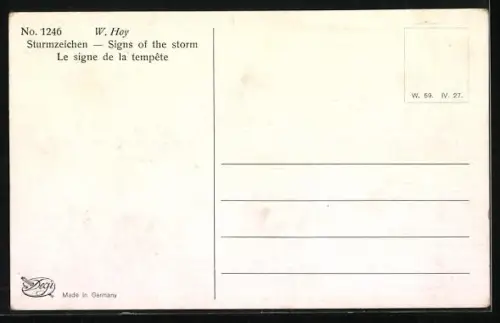 Künstler-Ölgemälde-Imitations-AK Degi Nr. 1246, W. Hoy, Sturmzeichen, Frau in einem Ruderboot