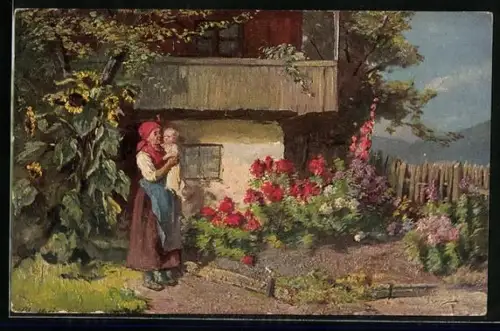 Ölgemälde-Imitations-AK Degi Nr. 404: Ein Sommertag von C. Schultheiss, Mutter in TZracht mit Kind auf dem Arm