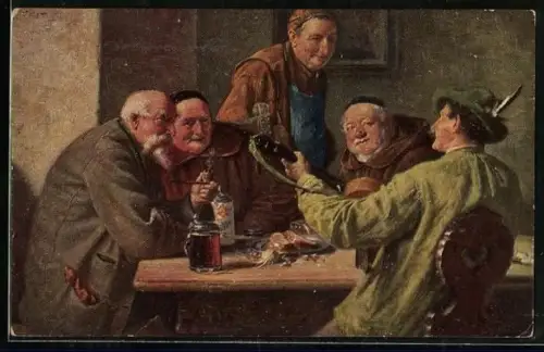 Künstler-AK Degi Nr. 1136: Sepps Schandahüpfl, Stammtisch mit Gitarre