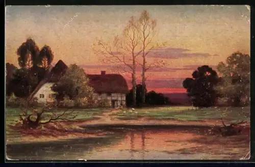 Künstler-AK Degi Nr. 1019, Sonnenuntergang auf dem Bauernhof